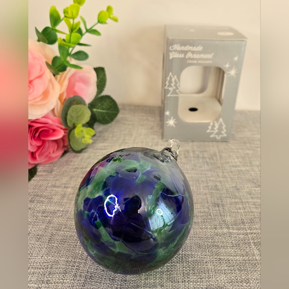 Vintage Zorza Handmade Cobalt‎ Blue, Green, Clear Glass Ornament Poland 3.25"